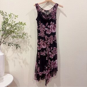 Connected Apparel Black with Rose Floral Asymmetric Stretchable Midi Dress M
